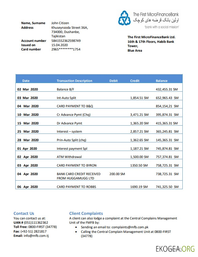 Tadjikistan Relevé bancaire de The First MicroFinance (FMFB)